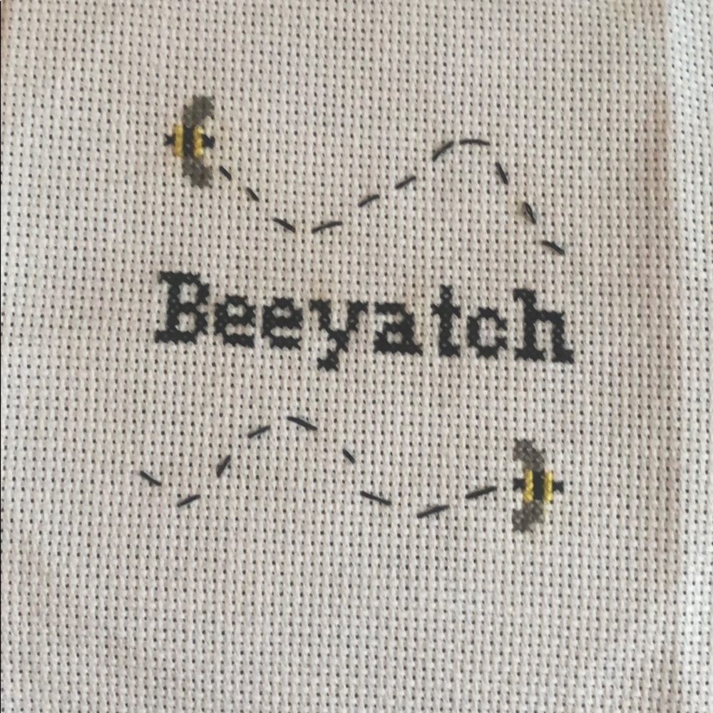 Palm sized “beeyatch” cross stitch